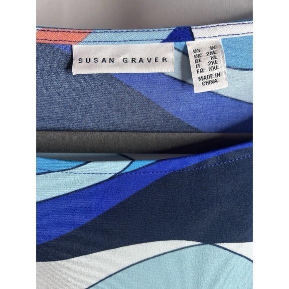 Susan Graver Top Size 1X Liquid Knit Tie Sleeve Tropical Resort Blue Coral - Picture 5 of 7